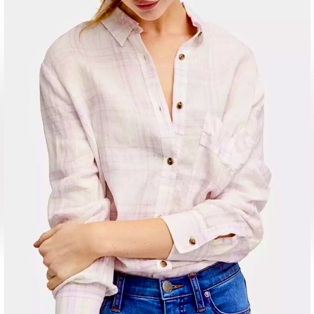 Free People No Limits 100% Linen Pink White Plaid Flannel Button Blouse